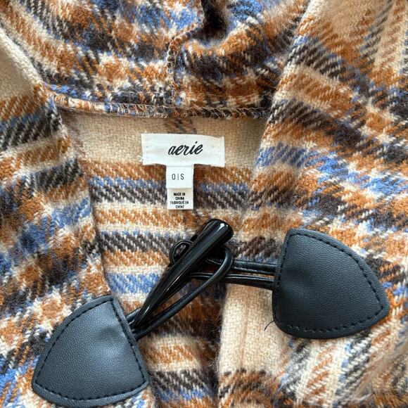 Aerie Hooded Poncho Plaid Patchwork Shall Cape Wrap Toggle Front Closure Size OS - Picture 6 of 9